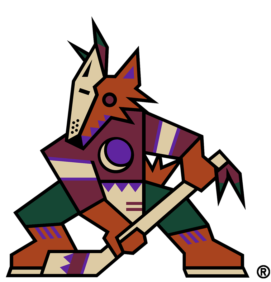 Phoenix Coyotes Primary Logo (1999/00-2002/03) - Known as the Kachina Coyotes logo, the Phoenix Coyotes used this logo from their first season in Arizona in 1996-97 through 2002-03. The logo shows a coyote in the style of a kachina doll, wearing half a mask, holding a hockey stick, and a crescent moon on its chest. This version of the logo, shown here without the team name, was adopted as the Coyotes official primary logo for the start of the 1999-2000 NHL season. SportsLogos.Net