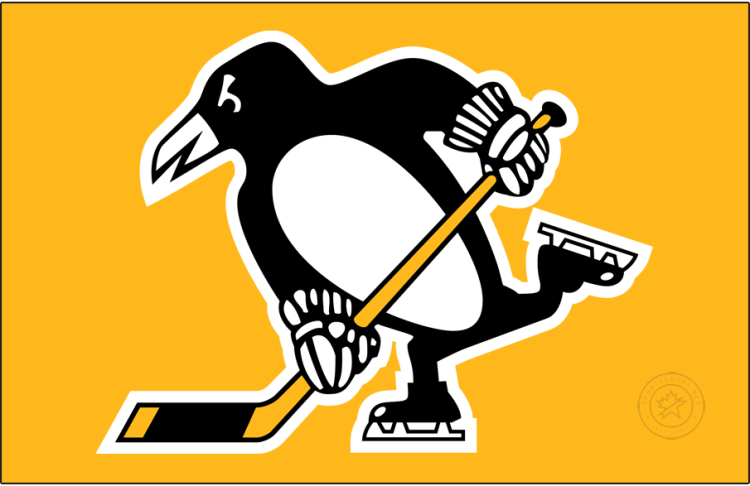 Pittsburgh Penguins Logo Jersey Logo (2025/26-Pres) - The Pittsburgh Penguins third jersey logo starting with the 2025-26 season. The logo shows the team's typical primary logo of a skating penguin in black and white, holding a hockey stick, but now without the yellow triangle, which typically sits behind it. This is worn on the front of the Penguins' yellow third jersey. SportsLogos.Net