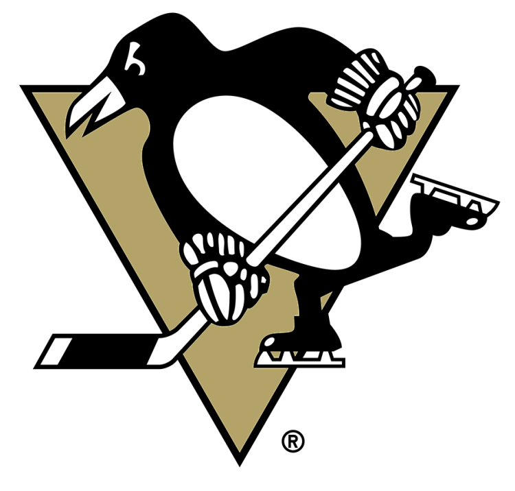 Pittsburgh Penguins Logo Primary Logo (2002/03-2005/06) - After a decade away, in 2002-03 the Pittsburgh Penguins return to a previous, long-used logo featuring a black and white penguin skating while holding a stick. Some changes are made, including to the beak and eyes of the penguin as well as the most noticeable change from yellow to the more muted Vegas Gold on the triangle. A tweak was made in 2006 to lighten the shade of gold used on the triangle. SportsLogos.Net