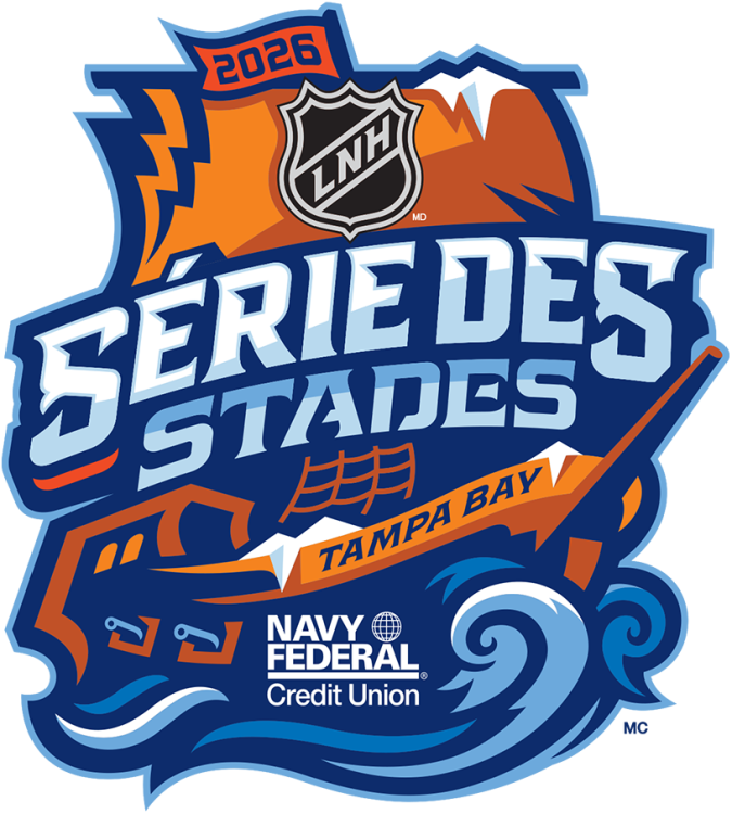  NHL Stadium Series Logo Alt. Language Logo (2025/26) - Le logo en français de la Série des Stades 2026 représente un bateau pirate orange et bleu, mât déployé, déferlant sur le fond. Un drapeau en haut indique l'année 2026, le nom de l'événement étant arqué en blanc et bleu sur le devant. La région hôte, Tampa Bay, est ajoutée à l'avant du bateau. Le thème nautique de ce logo fait référence à l'événement annuel Gasparilla de Tampa Bay. La Série des Stades 2026 aura lieu le 1er février 2026 au Raymond James Stadium entre le Lightning, hôte de l'événement, et les Bruins de Boston.
<br />
French logo for the 2026 Stadium Series. SportsLogos.Net