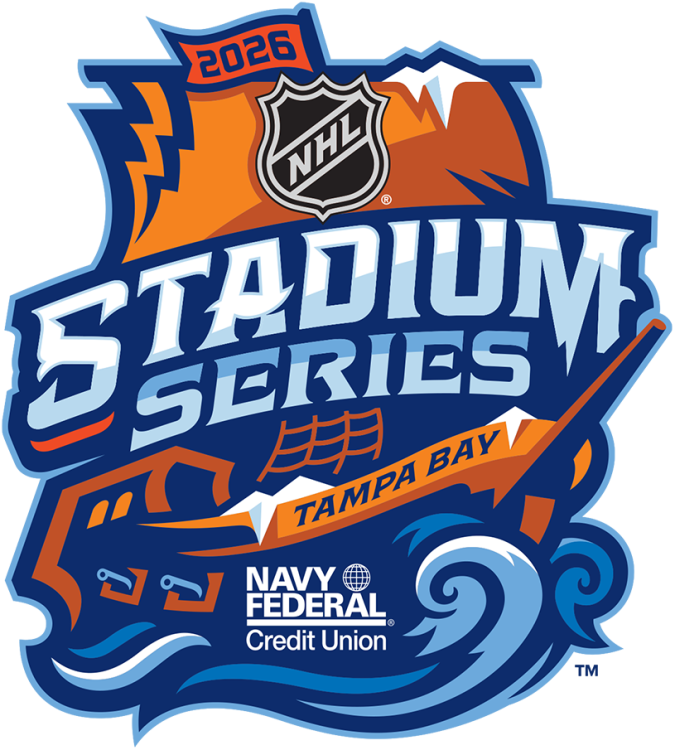  NHL Stadium Series Logo Primary Logo (2025/26) - The 2026 Stadium Series logo shows an orange and blue pirate-style ship with full mast and water breaking around the bottom, a flag at the top shows the year 2026 with the event name arched across the front in white and blue, and the host region of Tampa Bay is added to the front of the boat. The nautical theme for this logo is in reference to Tampa Bay's annual Gasparilla event. The 2026 Stadium Series is scheduled for February 1, 2026, at Raymond James Stadium between the host Lightning and Boston Bruins. SportsLogos.Net