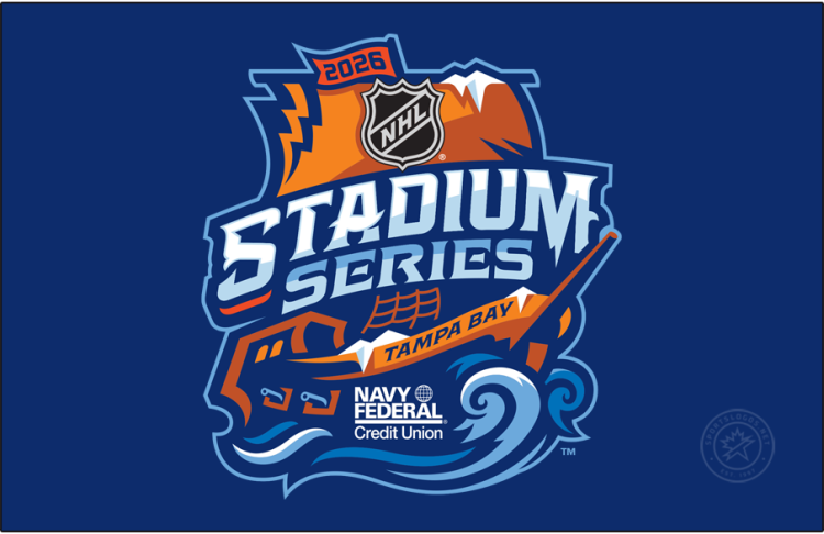  NHL Stadium Series Logo Primary Dark Logo (2025/26) - The 2026 Stadium Series logo shows an orange and blue pirate-style ship with full mast and water breaking around the bottom, a flag at the top shows the year 2026 with the event name arched across the front in white and blue, and the host region of Tampa Bay is added to the front of the boat. The nautical theme for this logo is in reference to Tampa Bay's annual Gasparilla event. The 2026 Stadium Series is scheduled for February 1, 2026, at Raymond James Stadium between the host Lightning and Boston Bruins. SportsLogos.Net
