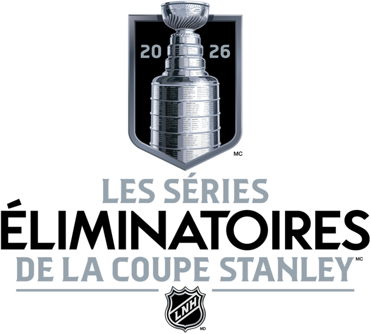 Stanley Cup Playoffs Logo Alt. Language Logo (2025/26) - La version française du logo principal des séries éliminatoires de la Coupe Stanley de la LNH 2026. Le design présente la coupe Stanley sur un bouclier noir et argent. L'écu a la forme d'une bannière de championnat, la police utilisée pour « LES SERIES » et « DE LA COUPE STANLEY » est basée sur les gravures originales de la Coupe Stanley, la police de caractères « ELIMINATOIRES » provient de la signalisation de l'hôtel Windsor à Montréal, le site de la création de la ligue en 1917. The 2026 Stanley Cup Playoffs Logo (French version). SportsLogos.Net