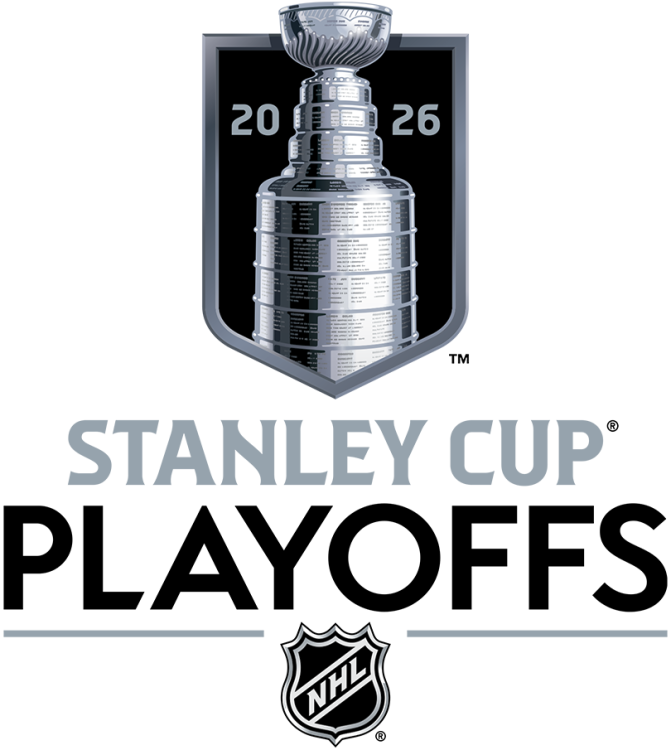 Stanley Cup Playoffs Logo Primary Logo (2025/26) - The 2026 Stanley Cup Playoffs logo features a nearly photo-realistic depiction of the Stanley Cup on a black and silver shield with the event name below. The shield represents a championship banner. The font used for 