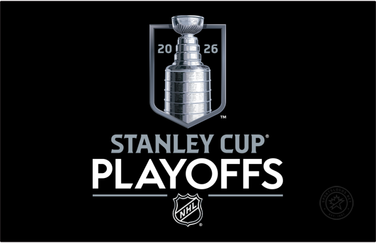 Stanley Cup Playoffs Logo Primary Dark Logo (2025/26) - The 2026 Stanley Cup Playoffs logo features a nearly photo-realistic depiction of the Stanley Cup on a black and silver shield with the event name below. The shield represents a championship banner. The font used for 