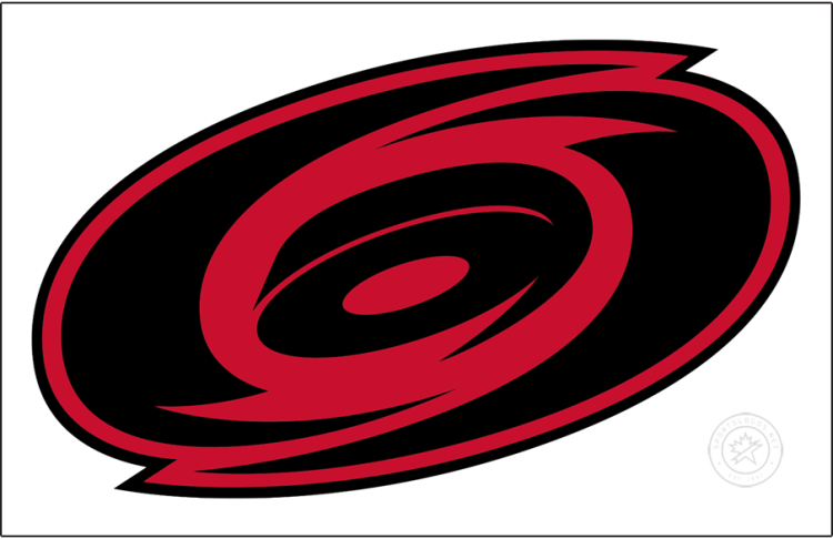 Carolina Hurricanes Logo Jersey Logo (2025/26-Pres) - The Carolina Hurricanes' road jersey logo beginning with the 2025-26 season. It features their swirling hurricane primary logo, with the white and silver elements recoloured black and red. This logo was first used by the club on their 2023 Stadium Series jersey. SportsLogos.Net