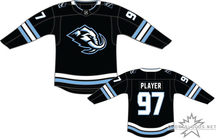 Utah Mammoth Uniform Dark Uniform (2025/26-Pres) - The Utah Mammoth home jersey shows the team's primary logo, a right-facing profile of a mammoth with a large tusk and trunk with a mountain range in black, light blue, and white, worn on the front of a black hockey jersey with blue and white striping around the waist and each sleeve. The team's State of Utah alternate mark is worn on the shoulders. SportsLogos.Net