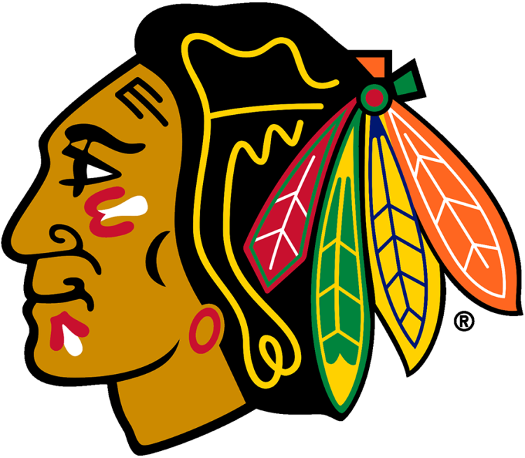Chicago Blackhawks Logo Primary Logo (1999/00-Pres) - The Chicago Blackhawks logo features the left-facing profile of a Native American head. It features a gold face with black used to show the eyes, nose, mouth, and hair. The head is shown wearing a series of coloured feathers in red, green, yellow, and orange. Prior to the 1999-2000 season, the Blackhawks altered the shade of red as well as the green and yellow used for the feathers. SportsLogos.Net