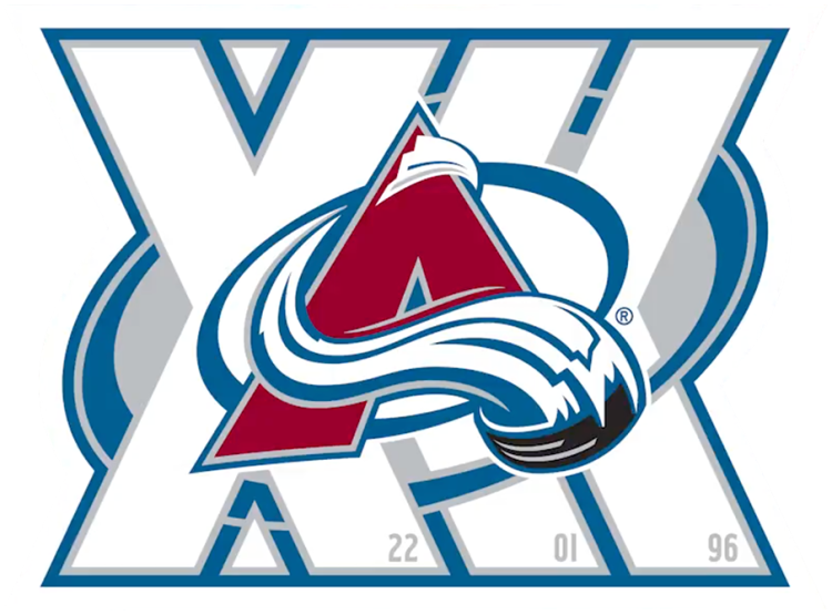 Colorado Avalanche Logo Anniversary Logo (2025/26) - The Colorado Avalanche 30th anniversary logo shows three horizontally-stacked X's (Roman numeral for 30) with their three Stanley Cup championship seasons (22, 01, 96) within them. The Avalanche logo is placed upon the logo. 

This logo is used at centre ice and as a helmet decal by the Avalanche during the 2025-26 season to celebrate their 30th anniversary since relocating from Quebec to Denver. SportsLogos.Net