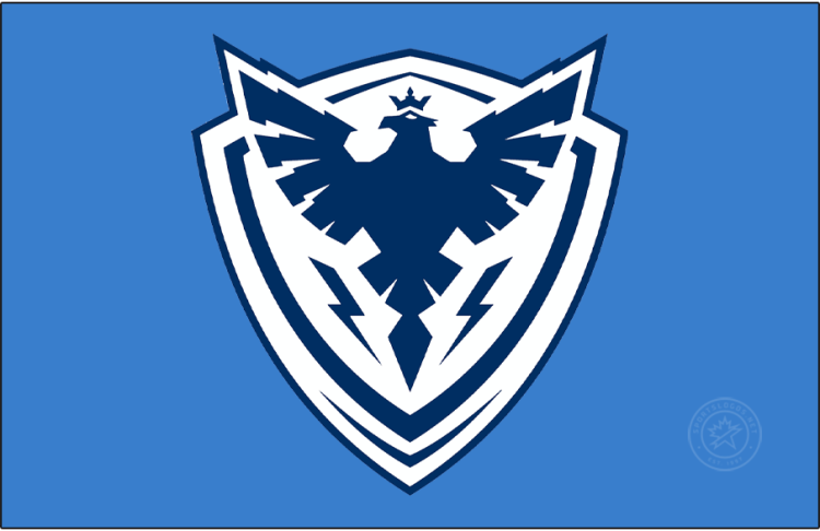 Sherbrooke Phoenix Logo Primary Dark Logo (2019/20-Pres) - The Sherbrooke Phoenix logo shows the mythological Phoenix bird rising from the ashes in blue with a crown about it and two lightning bolts placed upon a white shield trimmed in blue. The Phoenix had used a similar logo prior to this one, with an off-white colour used on the shield instead of white.
<br /><br />
Le logo du Phénix de Sherbrooke représente le mythique phénix renaissant de ses cendres, en bleu, entouré d'une couronne et de deux éclairs sur un bouclier blanc bordé de bleu. Le Phénix avait déjà utilisé un logo similaire, avec un bouclier blanc cassé au lieu du blanc. SportsLogos.Net