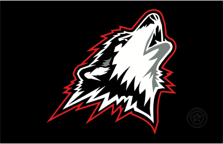Rouyn-Noranda Huskies Logo Primary Dark Logo (2019/20-Pres) - The Rouyn-Noranda Huskies logo shows the head of a husky dog pointed upwards, howling. The dog's face is mostly white with black and silver features. The entire logo is outlined with a thick red stripe. This design was originally part of the previous Huskies logo that had been in use since 2006; here, the club removed a circle and the region name from the graphic before the 2019-20 season. SportsLogos.Net