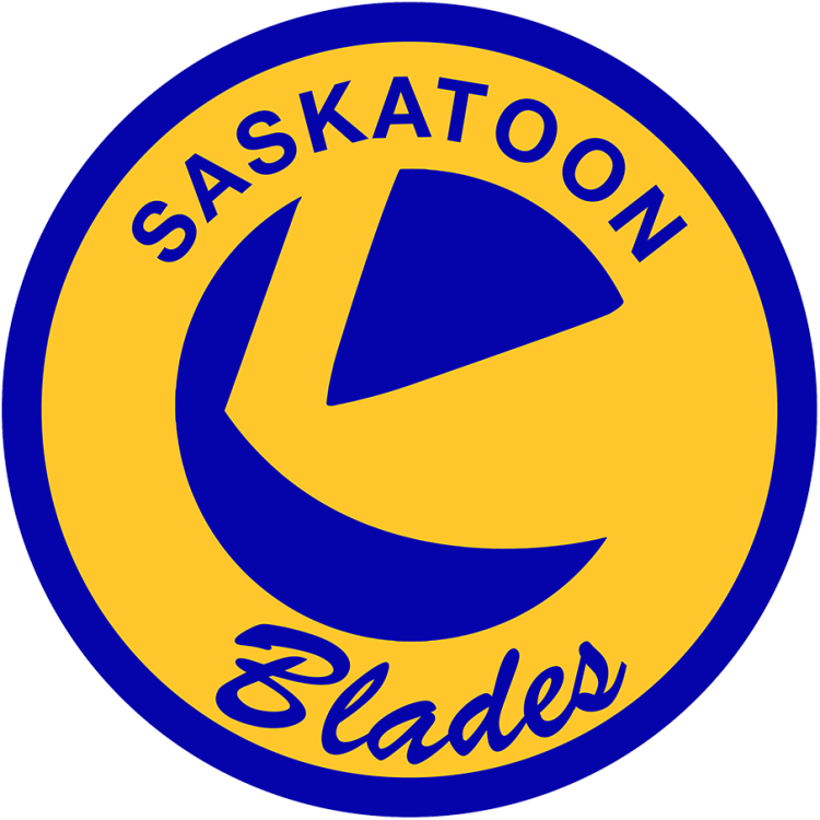 Saskatoon Blades Logo Primary Logo (2024/25-Pres) - The Saskatoon Blades logo shows a yellow scythe (used for cutting wheat) that also doubles as the blade of a hockey stick within a navy blue circle. The team name surrounds it in royal blue lettering. This design is essentially the same logo the club has used off and on over various eras SportsLogos.Net