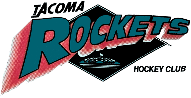 Tacoma Rockets Logo Primary Logo (1991/92-1994/95) - Rockets in blue with red outline on a black diamond SportsLogos.Net