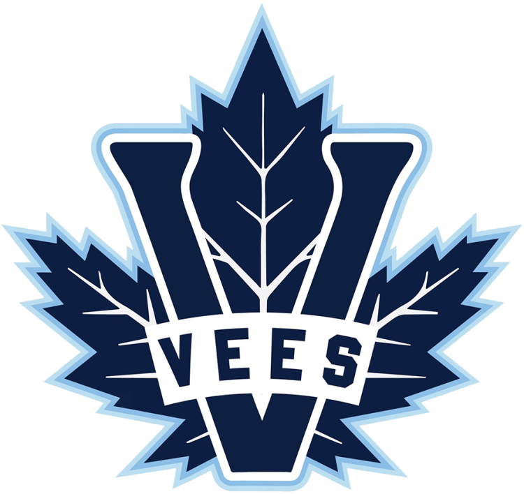Penticton Vees Logo Primary Logo (2025/26-Pres) - The Penticton Vees logo is a navy blue maple leaf trimmed in two shades of light blue with white veins on the leaf. A large navy blue 