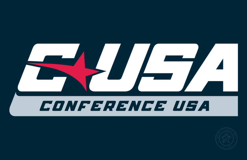 Conference USA Logo Alt on Dark Logo (2023-Pres) - 3-Color Full Name Mark featuring the CUSA type above Conference USA text inside a bar in white, red, and gray on navy background. In June 2023, Conference USA removed the hyphen from its shortened name and refreshed their identity. The outline was removed on the CUSA marks and blue, red were modified to new shades. New logo variations were introduced as well. SportsLogos.Net