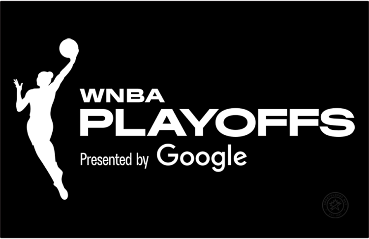  WNBA Playoffs Logo Primary Dark Logo (2025-Pres) - The WNBA Playoffs logo features the standard league basketball player silhouette in black to the left of the event name, stacked in a sans-serif font. The presenting sponsor, Google, is included in this logo. The WNBA removed the event year from their playoff and finals logos for 2025. SportsLogos.Net