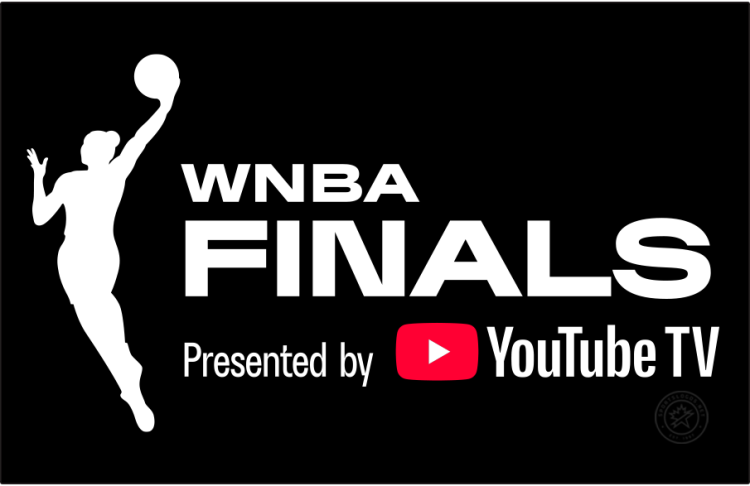  WNBA Finals Logo Primary Dark Logo (2025-Pres) - The WNBA Finals logo features the standard league basketball player silhouette in black to the left of the event name, stacked in a sans-serif font. The presenting sponsor, YouTube TV, is included in this logo. The WNBA removed the event year from their playoff and finals logos for 2025. SportsLogos.Net