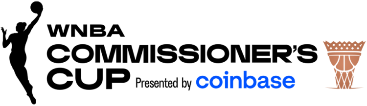  WNBA Commissioner's Cup Logo Primary Logo (2024-Pres) - The WNBA Commissioner's Cup logo, first used in 2024, shows the league's standard silhouette of a basketball player to the left of the event name stacked in black sans serif typeface with a Rose Gold depiction of the Commissioner's Cup to the right. The logo of the presenting sponsor, Coinbase, is included in the graphic. SportsLogos.Net