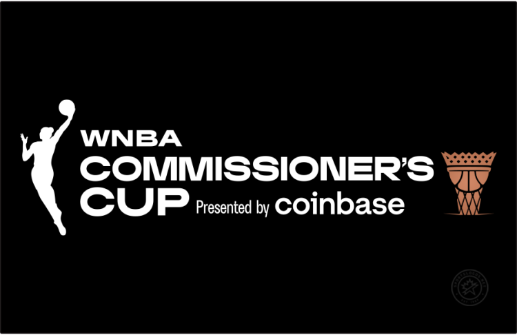  WNBA Commissioner's Cup Logo Primary Dark Logo (2024-Pres) - The WNBA Commissioner's Cup logo, first used in 2024, shows the league's standard silhouette of a basketball player to the left of the event name stacked in black sans serif typeface with a Rose Gold depiction of the Commissioner's Cup to the right. The logo of the presenting sponsor, Coinbase, is included in the graphic. SportsLogos.Net