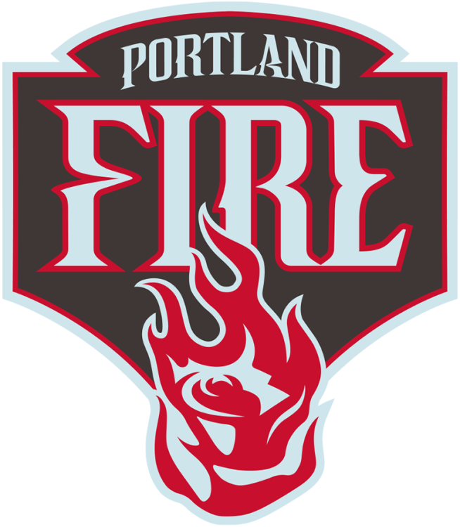 Portland Fire Logo Primary Logo (2026-Pres) - The Portland Fire logo features a red rose at the bottom of a brown shield (visually appearing more dark grey), with the team name above in a very light blue, trimmed in red. The centrepiece of the logo is the 