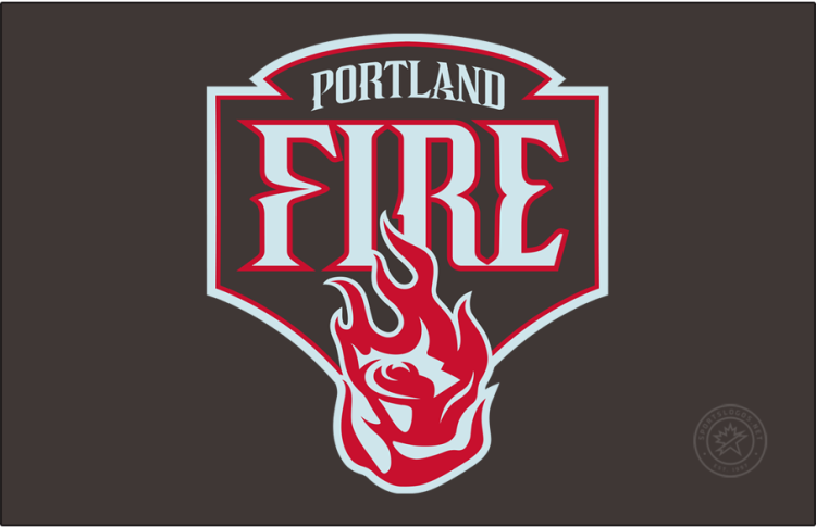 Portland Fire Logo Primary Dark Logo (2026-Pres) - The Portland Fire logo features a red rose at the bottom of a brown shield (visually appearing more dark grey), with the team name above in a very light blue, trimmed in red. The centrepiece of the logo is the 