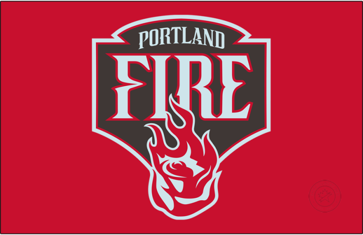 Portland Fire Logo Primary Dark Logo (2026-Pres) - The Portland Fire logo features a red rose at the bottom of a brown shield (visually appearing more dark grey), with the team name above in a very light blue, trimmed in red. The centrepiece of the logo is the 