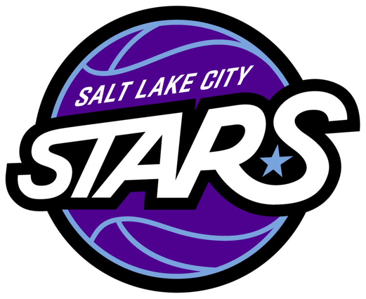 Salt Lake City Stars Logo Primary Logo (2025/26-Pres) - The Salt Lake City Stars logo features STARS in white with black trim and a light blue star across a purple basketball with light blue seams and outlined in black. The logo's colours are in reference to the Utah Jazz, their NBA affiliate, and the 
