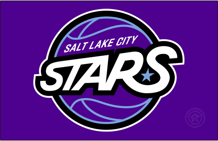 Salt Lake City Stars Logo Primary Dark Logo (2025/26-Pres) - The Salt Lake City Stars logo features STARS in white with black trim and a light blue star across a purple basketball with light blue seams and outlined in black. The logo's colours are in reference to the Utah Jazz, their NBA affiliate, and the 