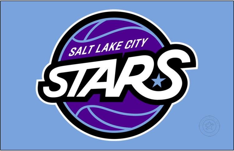 Salt Lake City Stars Logo Primary Dark Logo (2025/26-Pres) - The Salt Lake City Stars logo features STARS in white with black trim and a light blue star across a purple basketball with light blue seams and outlined in black. The logo's colours are in reference to the Utah Jazz, their NBA affiliate, and the 