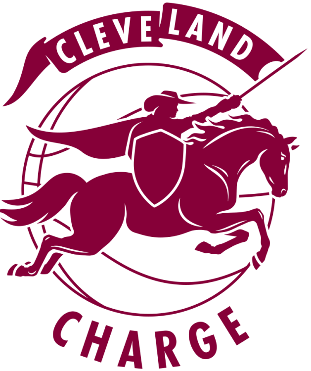 Cleveland Charge Logo Primary Logo (2025/26-Pres) - The Cleveland Charge logo shows a cavalier riding a horse, carrying a shield, wielding a sword charging forward. The logo is placed upon a basketball with a banner flying from the sword containing the city name Cleveland. The team name of Charge is arched below the ball. SportsLogos.Net