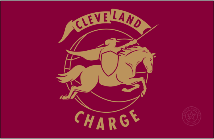 Cleveland Charge Logo Primary Dark Logo (2025/26-Pres) - The Cleveland Charge logo shows a cavalier riding a horse, carrying a shield, wielding a sword charging forward. The logo is placed upon a basketball with a banner flying from the sword containing the city name Cleveland. The team name of Charge is arched below the ball. SportsLogos.Net
