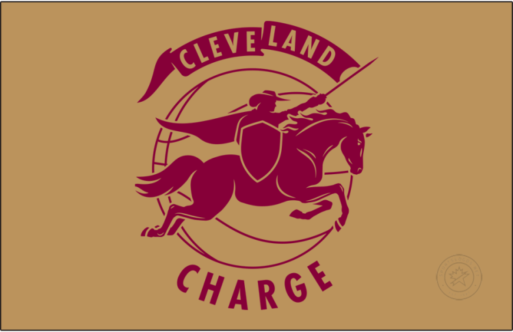 Cleveland Charge Logo Primary Dark Logo (2025/26-Pres) - The Cleveland Charge logo shows a cavalier riding a horse, carrying a shield, wielding a sword charging forward. The logo is placed upon a basketball with a banner flying from the sword containing the city name Cleveland. The team name of Charge is arched below the ball. SportsLogos.Net