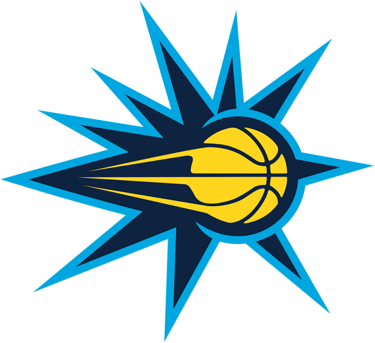 Noblesville Boom Logo Alternate Logo (2025/26-Pres) - The Noblesville Boom secondary logo features a navy blue blast trimmed in cyan with the streaking yellow basketball from their NBA affiliate, the Indiana Pacers. SportsLogos.Net
