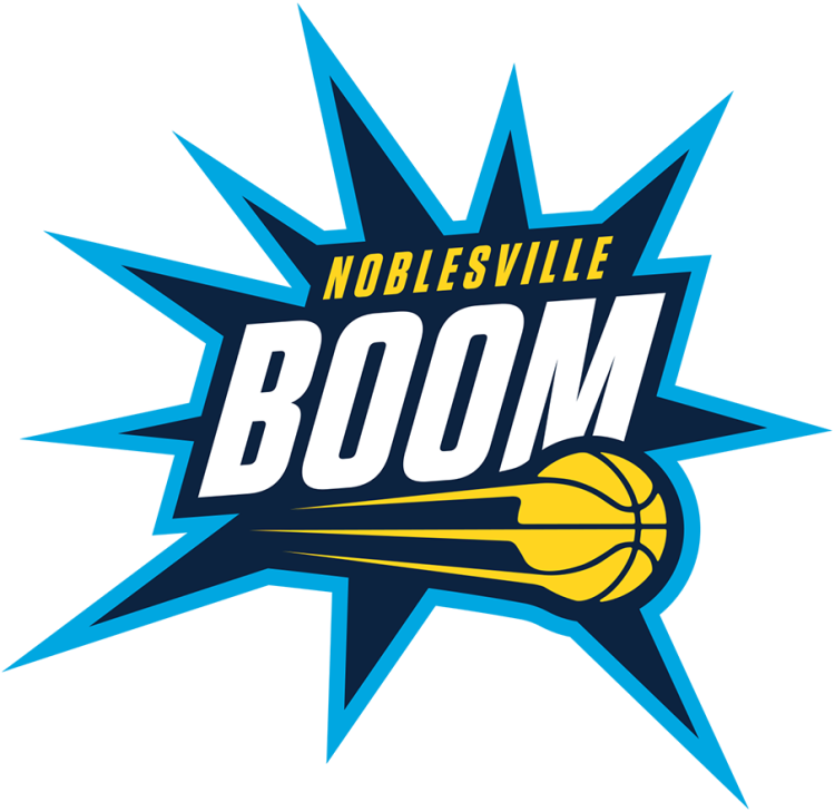 Noblesville Boom Logo Primary Logo (2025/26-Pres) - The Noblesville Boom logo features a navy blue blast trimmed in cyan, with the team name displayed across it in white and yellow. The streaking yellow basketball from their NBA affiliate, the Indiana Pacers, is placed near the bottom of this blast or boom shape. SportsLogos.Net