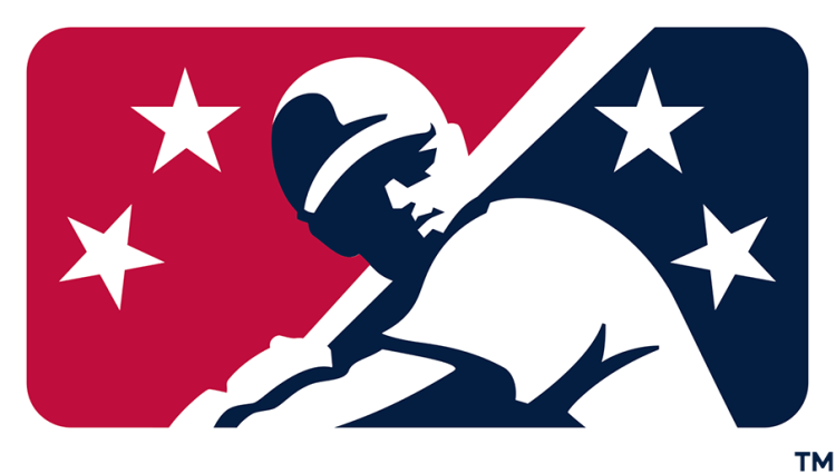 Minor League Baseball Logo Primary Logo (2021-2023) - The Minor League Baseball logo used from 2021-23 featured a depiction of a baseball player in a hitting pose in the middle of a red, white, and blue oval. Two white stars on either side of the oval represented the four levels of Minor League Baseball. SportsLogos.Net