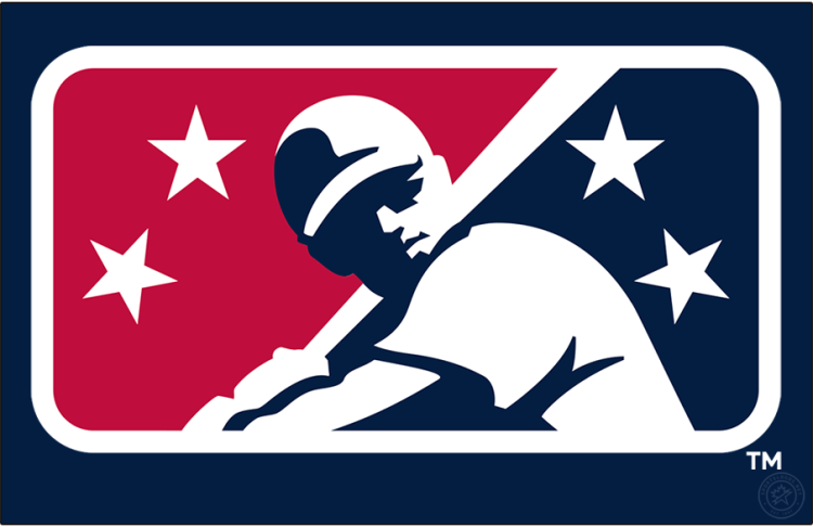 Minor League Baseball Logo Primary Dark Logo (2021-2023) - The Minor League Baseball logo used from 2021-23 featured a depiction of a baseball player in a hitting pose in the middle of a red, white, and blue oval. Two white stars on either side of the oval represented the four levels of Minor League Baseball. SportsLogos.Net