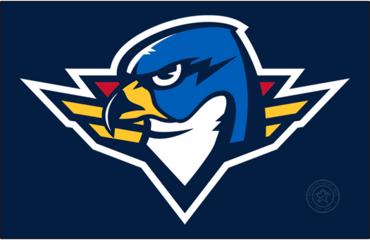 Springfield Thunderbirds Logo Primary Dark Logo (2021/22-Pres) - The Springfield Thunderbirds logo shows the head of a bird in blue and white with a yellow and navy blue beak on red and yellow military decoration. The team name was removed for the primary mark for the 2021-22 AHL season. SportsLogos.Net