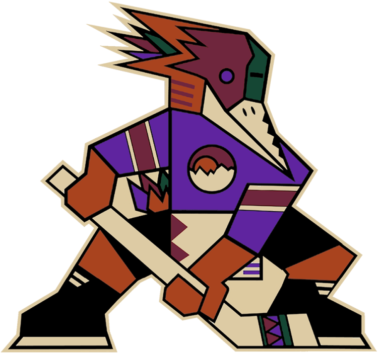 Tucson Roadrunners Logo Primary Logo (2025/26-Pres) - The Tucson Roadrunners logo shows an orange (or brown) roadrunner bird wearing a burgundy and green mask, a purple hockey jersey, and holding a sand-coloured hockey stick. The overall logo is done in the style of a traditional Kachina doll in tribute to the logo used by the NHL's Phoenix and Arizona Coyotes. The Roadrunners had previously used this logo as an alternate jersey mark for several years before promoting it to primary for the 2025-26 AHL season. SportsLogos.Net