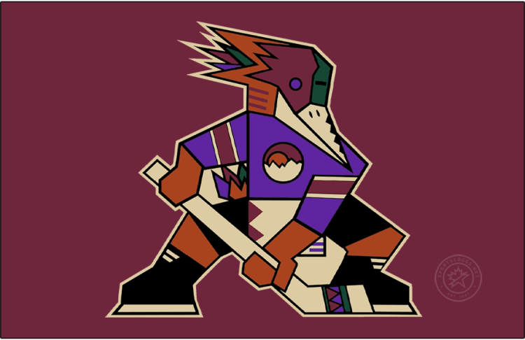 Tucson Roadrunners Logo Primary Dark Logo (2025/26-Pres) - The Tucson Roadrunners logo shows an orange (or brown) roadrunner bird wearing a burgundy and green mask, a purple hockey jersey, and holding a sand-coloured hockey stick. The overall logo is done in the style of a traditional Kachina doll in tribute to the logo used by the NHL's Phoenix and Arizona Coyotes. The Roadrunners had previously used this logo as an alternate jersey mark for several years before promoting it to primary for the 2025-26 AHL season. SportsLogos.Net