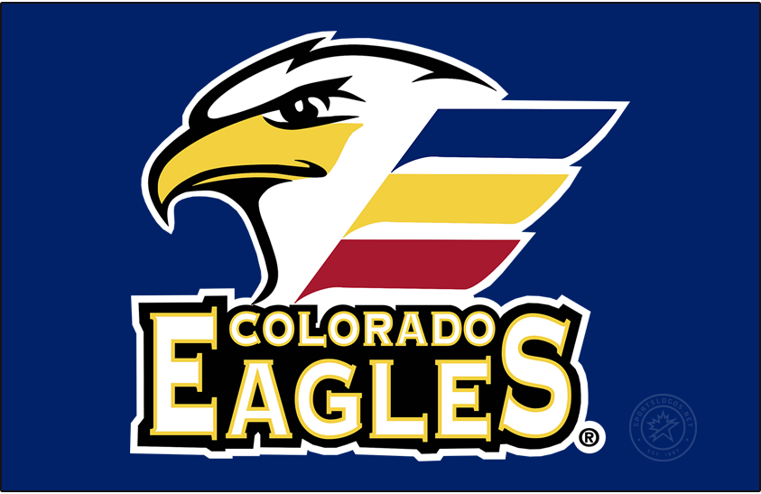 Colorado Eagles Logo Primary Dark Logo (2018/19-Pres) - The Colorado Eagles logo shows a white eagle head with a yellow beak and three feathers -- one blue, one yellow, one red, representing the colours of the Colorado state flag. The Eagles used the same logo as the ECHL club of the same name prior to joining the AHL for the 2018-19 season. SportsLogos.Net