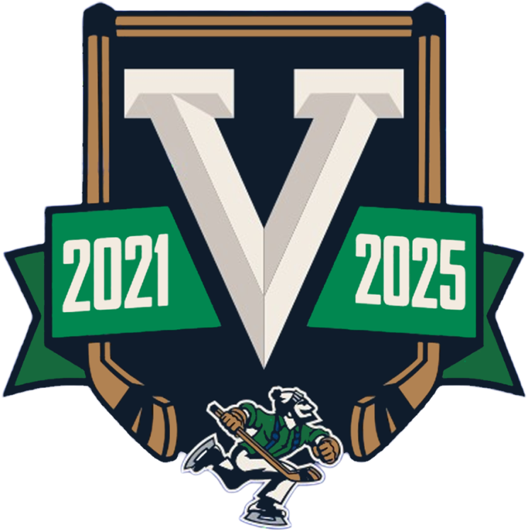 Abbotsford Canucks Logo Anniversary Logo (2025/26) - The Abbotsford Canucks 5th anniversary logo features the club's skating Johnny Canuck logo at the bottom of a shield framed by hockey sticks. Inside the navy blue shield is a Roman numeral 