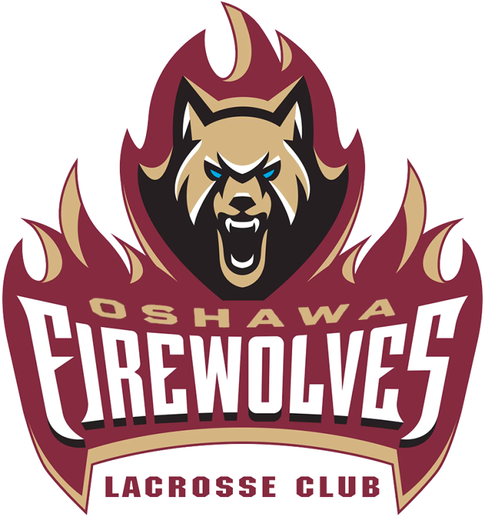 Oshawa FireWolves Logo Primary Logo (2025/26-Pres) - The Oshawa FireWolves logo carries over the design from the club's time in Albany. A gold wolf head with blue eyes and black and white features, on a wall of red and gold flames. The team name is below in gold and white lettering. SportsLogos.Net