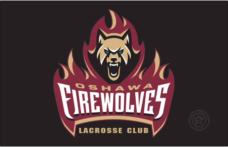 Oshawa FireWolves Logo Primary Dark Logo (2025/26-Pres) - The Oshawa FireWolves logo carries over the design from the club's time in Albany. A gold wolf head with blue eyes and black and white features, on a wall of red and gold flames. The team name is below in gold and white lettering. SportsLogos.Net