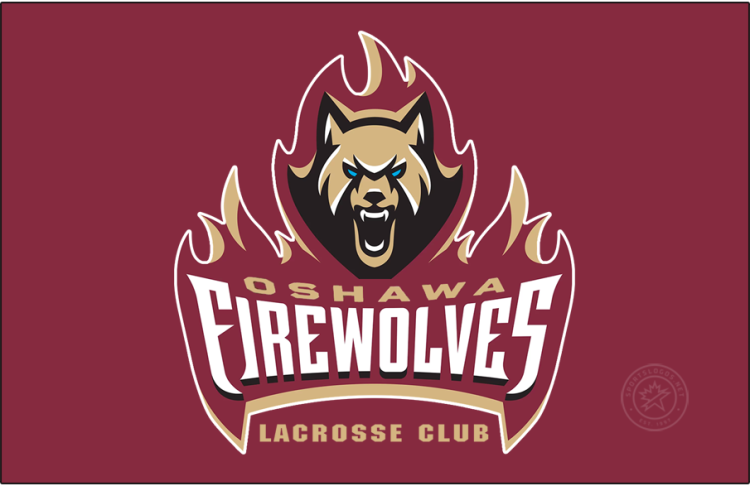 Oshawa FireWolves Logo Primary Dark Logo (2025/26-Pres) - The Oshawa FireWolves logo carries over the design from the club's time in Albany. A gold wolf head with blue eyes and black and white features, on a wall of red and gold flames. The team name is below in gold and white lettering. SportsLogos.Net