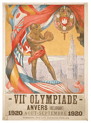 1920 Antwerp Olympics Primary Logo (1920) - A discus thrower in front of the flags of the competing nations