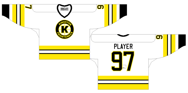 Kingston Frontenacs Uniform Home Uniform (1999/00-2000/01) - White uniform with yellow and black striping SportsLogos.Net