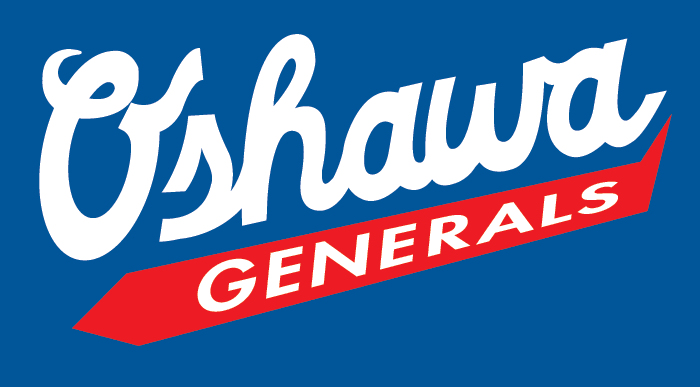 Oshawa Generals Alternate Logo (1994/95-2005/06) - 'Oshawa' in white script with 'Generals' below in white on a red tail all on blue - worn on the alternate jersey SportsLogos.Net