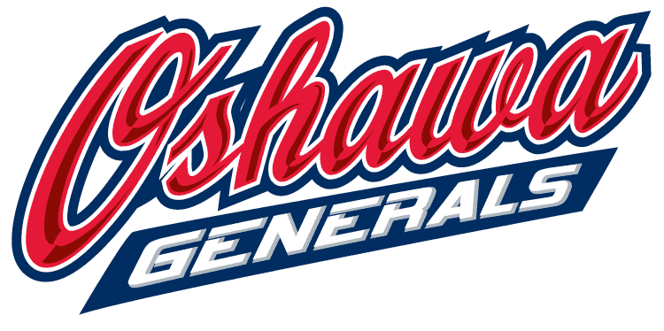 Oshawa Generals Primary Logo (2006/07-Pres) - Oshawa in red script above a blue underscore with Generals in white SportsLogos.Net