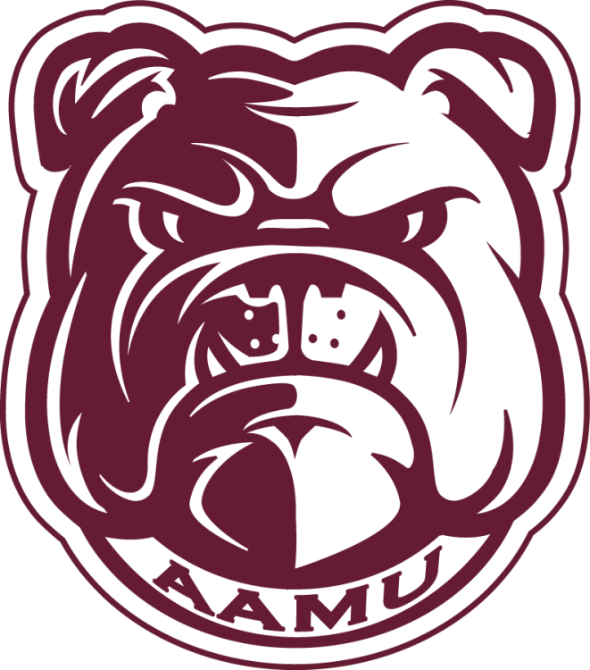 Alabama A&M Bulldogs Logo Primary Logo (2023-Pres) - Primary logo of a front-facing bulldog head with shadows, bent ears, and a collar with AAMU letters in maroon & white, originally introduced in September 2021. This became the Primary in 2023 with a darker shade of maroon. SportsLogos.Net