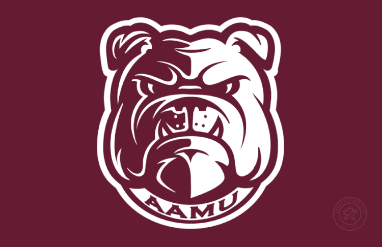 Alabama A&M Bulldogs Logo Primary Dark Logo (2023-Pres) - Primary logo of a front-facing bulldog head with shadows, bent ears, and a collar with AAMU letters in maroon & white shown on maroon background. Originally introduced in September 2021. This became the Primary in 2023 with a darker shade of maroon. SportsLogos.Net